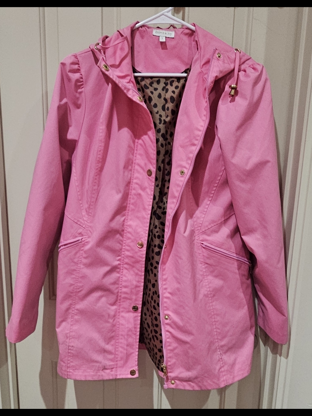 Crown & Ivy Pink Hooded Jacket with Leopard Lining Women Size Large